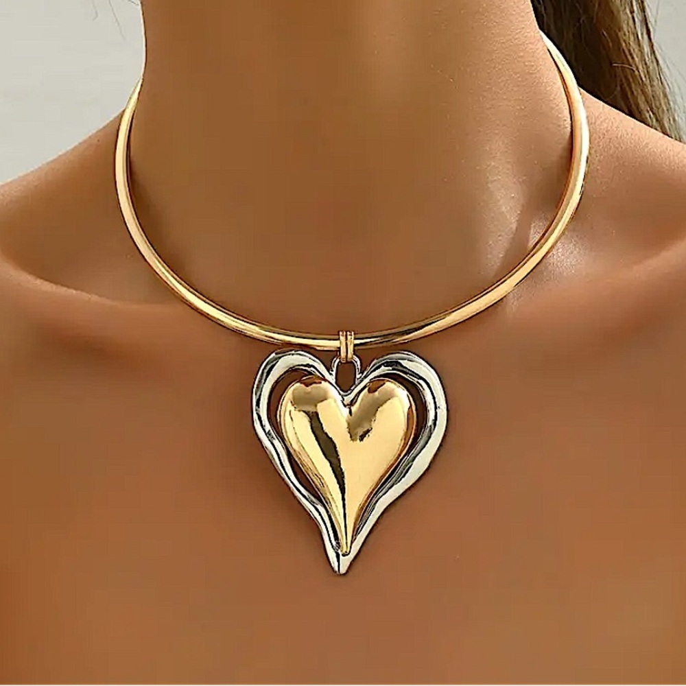Boho Gold Silver Heart Charm Statement Pendant Necklace
